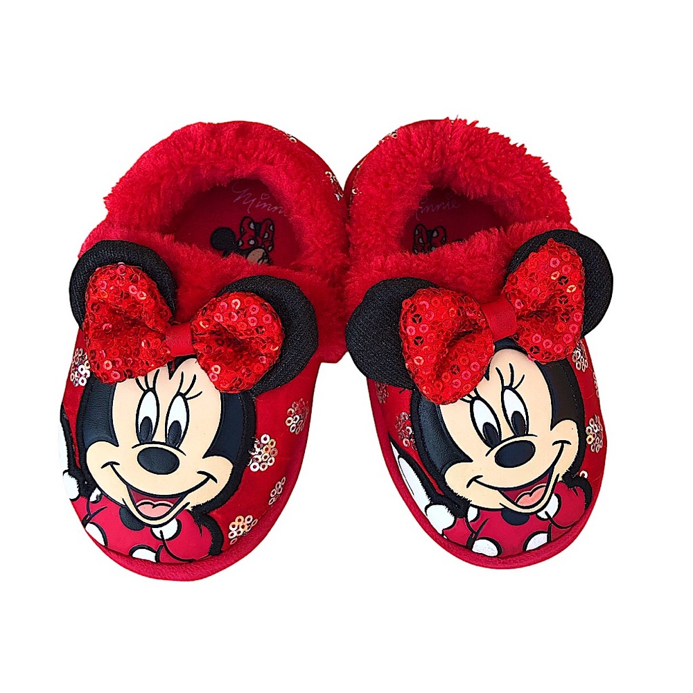 Disney Toddler Red Sequins Furry Soft Textured Soles Minnie‎ Mouse Slippers 7-8